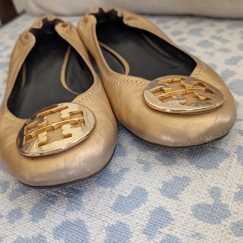 Tory Burch Gold Reva Leather Ballet Flats - Picture 5 of 6